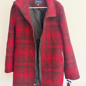 Pendleton Red and Black Plaid Zip-Front Wool Pea Coat